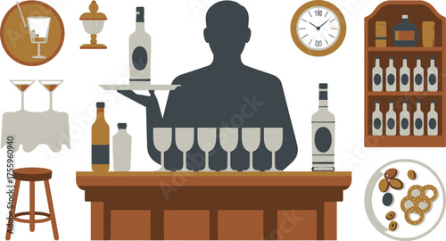 Illustration of a Bartender Serving Drinks at a Bar with Snacks and Beverages Displayed
