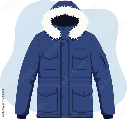 Warm winter parka jacket with fur lined hood for cold weather outdoor adventures isolated on transparent background