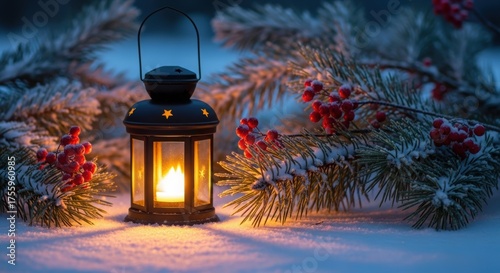 Decorative lantern with lit candle on snow. Festive spirit. Winter holiday and Christmas celebration concept for greeting card.