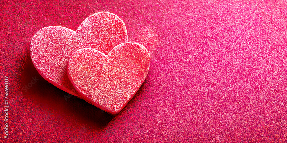 Fototapeta premium Two Pink Felt Hearts on a Fuchsia Textured Background for Romantic Design