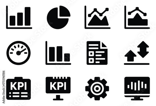 Modern business analytics icons for performance tracking and data visualization, driving growth