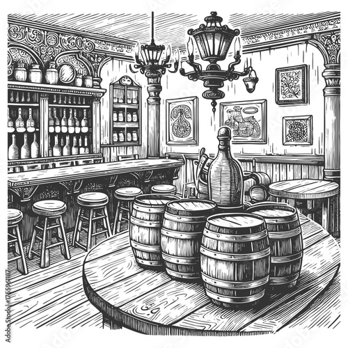 old tavern interior featuring wooden barrels, bottles, rustic tables, lanterns, and decorative windows sketch engraving generative ai vector illustration. Scratch board imitation. Black and white.