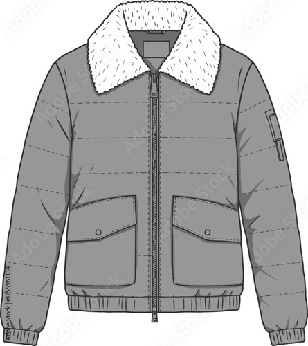 Fashion flat sketch of a men's bomber jacket with fur collar and pocket details isolated on transparent background