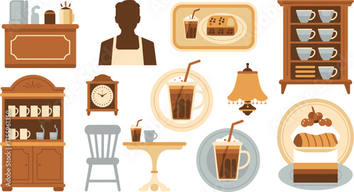 Illustration of Coffee Shop Interior with Furniture, Barista Silhouette, Drinks, Cakes, and other Coffee Shop Accessories