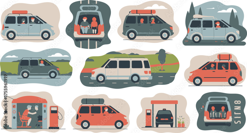Naklejka premium Illustration of Vans and Travel Scenes Depicting People in Various Activities and Settings