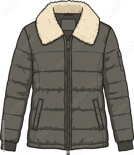 Puffer jacket fashion design flat sketch with fur collar and zipper front detail apparel sketch isolated on transparent background
