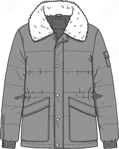Detailed line drawing of a puffy winter parka jacket with fur collar for fashion design isolated on transparent background