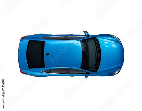 Overhead view of a blue, modern passenger vehicle, parked on a stark, black background