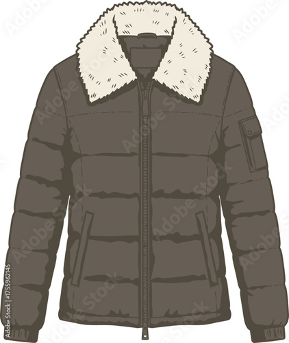 Modern puffer jacket with fur collar flat design apparel clothing fashion item mockup template isolated on transparent background