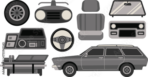 Isolated Illustration of Gray Station Wagon with Detached Car Parts on White Background