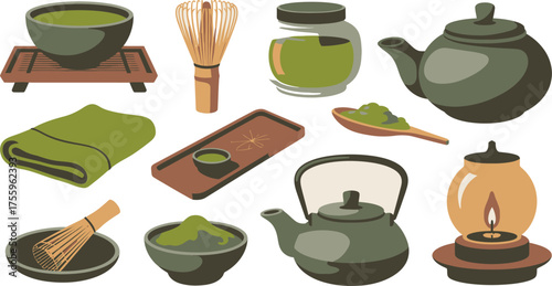 Japanese Matcha Tea Ceremony Set Bowl, Teapot, Whisk, Spoon, and Lantern Illustration