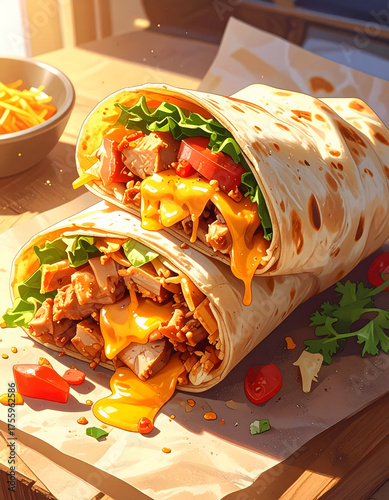 Two large burritos with a variety of ingredients, including meat, cheese, lettuce, and tomatoes