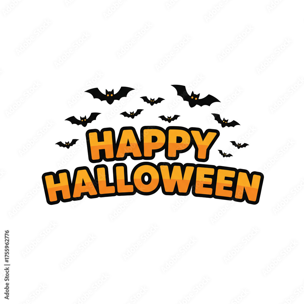 Obraz premium Happy Halloween Typography with Flying Bats, Orange Font, and Festive Black Outline
