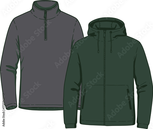 Men's outdoor apparel set featuring a charcoal half-zip fleece and dark green hooded jacket for active lifestyles isolated on transparent background