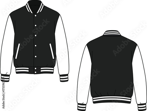 Classic black and white varsity jacket front and back view apparel design template isolated on transparent background