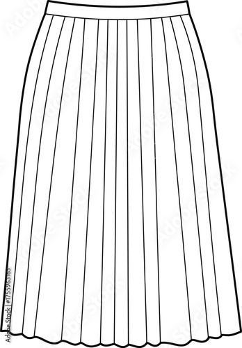 Fashion sketch of a pleated midi skirt with detailed fabric folds and waistband isolated on transparent background