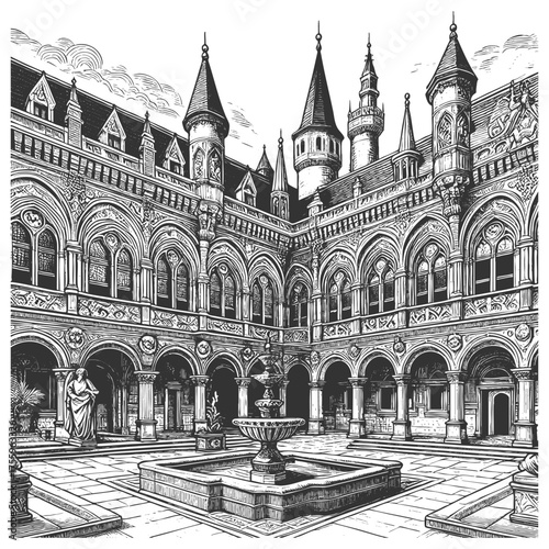 palace courtyard with arched windows, towers, statues, gardens, and a central fountain sketch engraving generative ai vector illustration. Scratch board imitation. Black and white image.