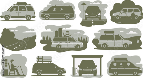 Olive Green and Gray Travel Themed Illustration Featuring a Variety of Cars and Roadtrip Elements