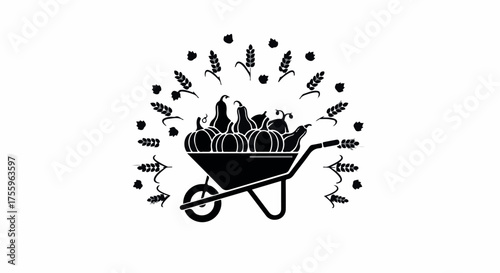 Harvest bounty in a wheelbarrow surrounded by decorative corn and gourds