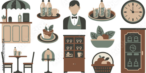 Restaurant and Cafe Interior Illustration with Bar, Trays, Table Setting, Waiter, and Clock Elements