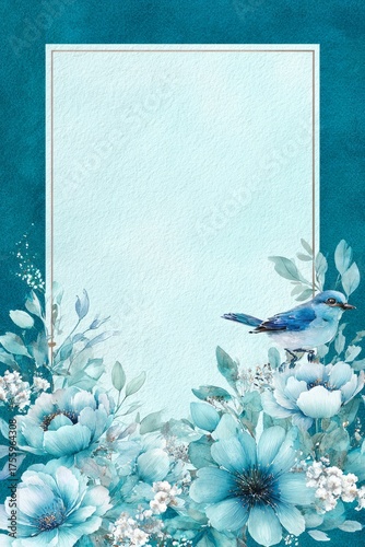 blue frame design with background, blue and green flowers,