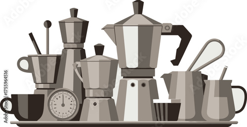 Still Life Illustration Coffee Makers, Mugs, and Clock on a Tray in Monochromatic Style
