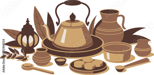 Still Life of Muted Brown Pottery, Lantern, Leaves and Tea Serving Elements
