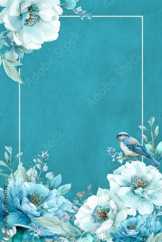 blue frame design with background, blue and green flowers,