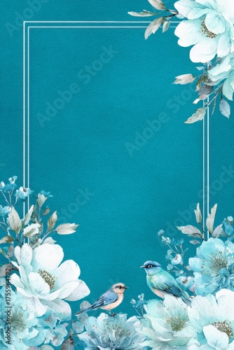 blue frame design with background, blue and green flowers,