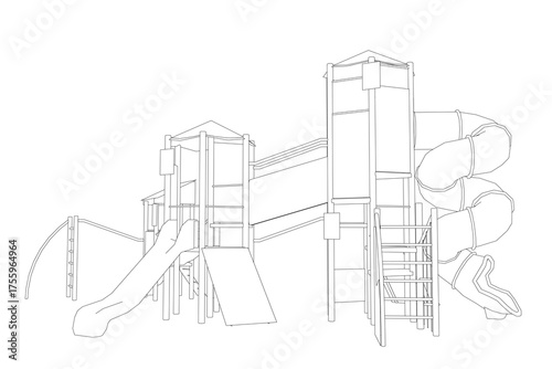 Black and white contour drawing of a kids playground structure featuring a slide. The minimalist illustration is set against a clean white background.