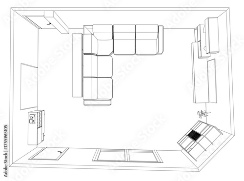 A black and white contour drawing of a living room interior features a central couch with a table and window to the left. The window provides natural light to the space. Top view. Vector illustration