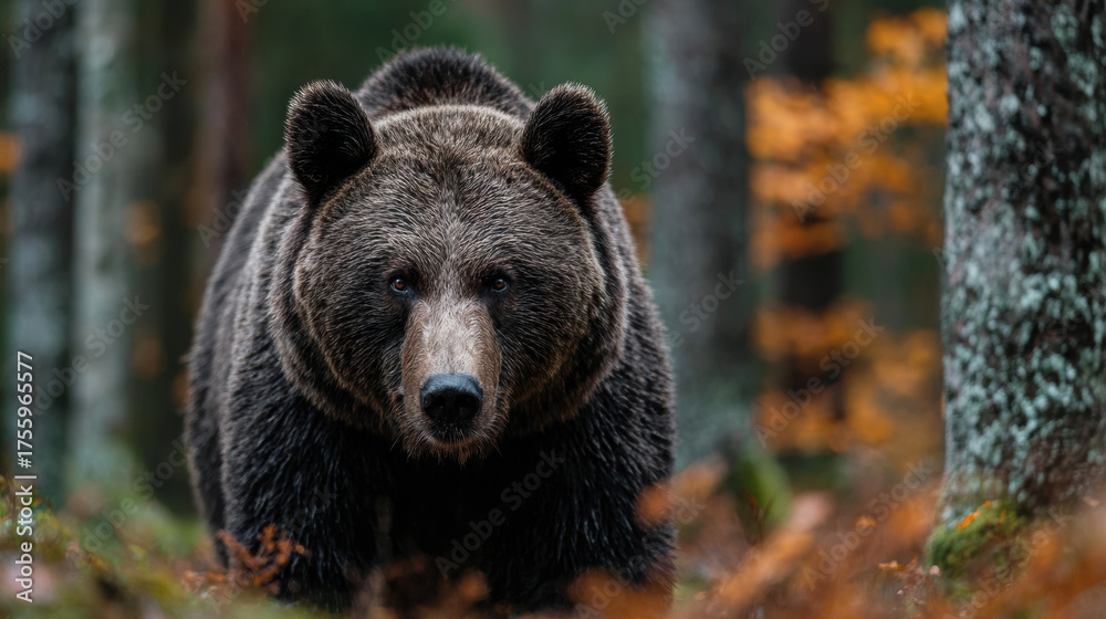 Fototapeta premium A wild brown bear with dark fur gazes directly forward in its natural autumn forest habitat. This powerful animal showcases raw strength and wilderness beauty.