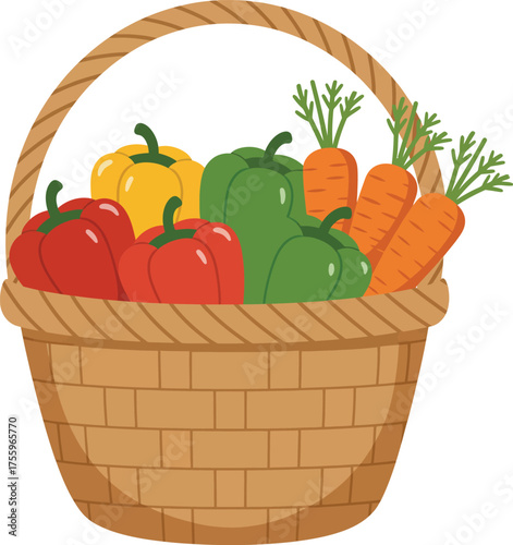 Fresh harvest basket of colorful vegetables including bell peppers and carrots for healthy eating isolated on transparent background