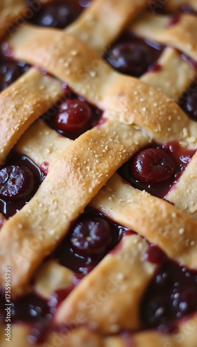 Homemade Rustic Cherry Lattice Pie on Wooden Table with Natural Light