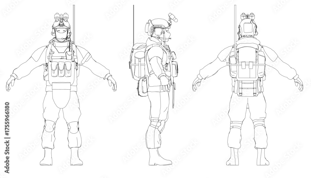 Obraz premium Soldier in full uniform strikes a pose, wearing a helmet and carrying a bag on a clean white background. View front, side and back. Vector illustration