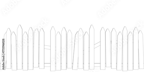 An old picket fence in black and white contour drawing, outlined with clean lines and visible top and bottom sections.