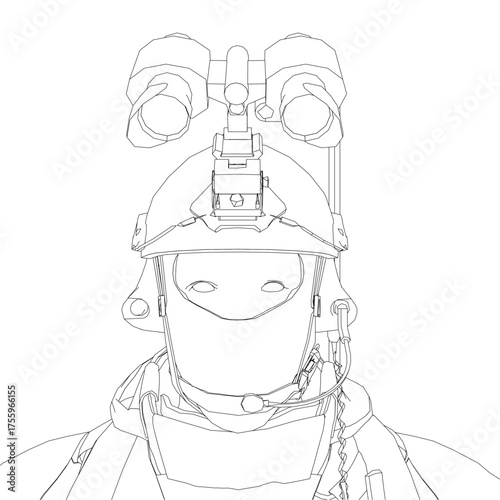 A soldier in full uniform with helmet and goggles is depicted in a black and white contour drawing. Vector illustration