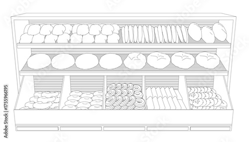 A bakery display case rack filled with pastries, cakes, and cookies in a store. The contour sketch shows an abundance of delicious baked products. Vector illustration
