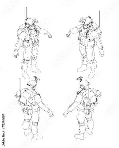 A soldier in full space armor uniform strikes a pose with a helmet, chest plate, and a gun in hand against a white background. Isometric view. Vector illustration