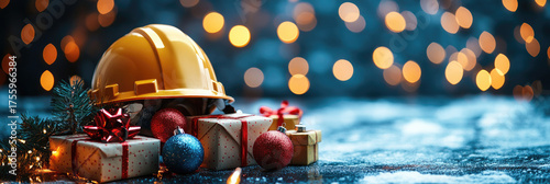 Construction helmet decorated for Christmas with ornaments, gift, pine cones and branches with festive lights on a dark surface covered with snow. Banner, copy space
