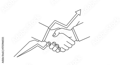A line drawing illustrating a handshake with an upward trending arrow, symbolizing growth and agreement.