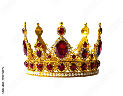 Golden royal crown with red jewels and white pearls, symbolizing royalty and power