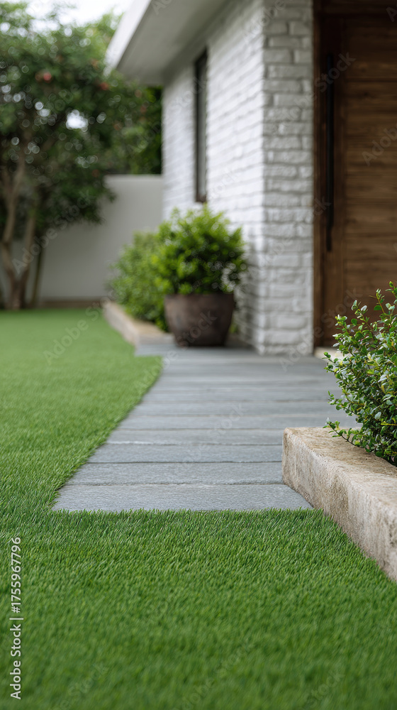 Obraz premium Artificial turf modern walkway eco home entrance minimalist garden green lawn stone path Calm