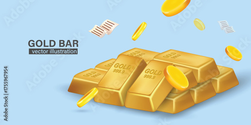 pile of pure gold ingots (bullion), marked "GOLD 999.9," stacked neatly on a light blue background. Gold coins and important documents certificates are floating or falling around the stack