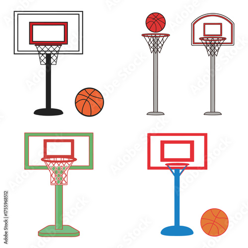 Collection of cartoon basketball hoops and balls diverse designs for sports enthusiasts