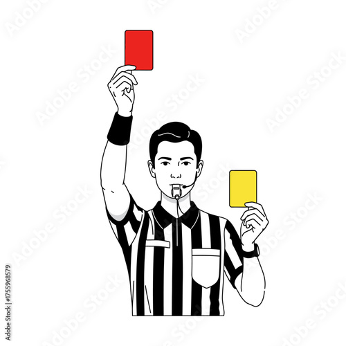 A referee in a striped uniform holding up red and yellow cards.