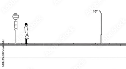Minimalist line art illustration of a solitary businessman with a briefcase waiting patiently at an empty urban bus stop