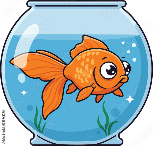 Adorable cartoon goldfish swimming in a round glass bowl full of water and aquatic plants isolated on transparent background