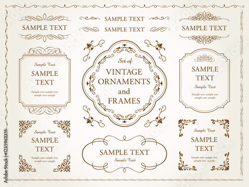 装飾的なヴィンテージフレームとボーダーのセット。パッケージデザインや招待状のデザイン要素。ベクターデザイン。花飾り
