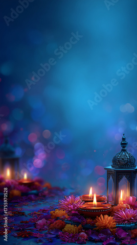 Hyper-photorealistic cinematic Diwali background, bathed in sky blue and rich purple hues. The bottom third of the frame prominently features a cluster of vibrant, brightly lit cla